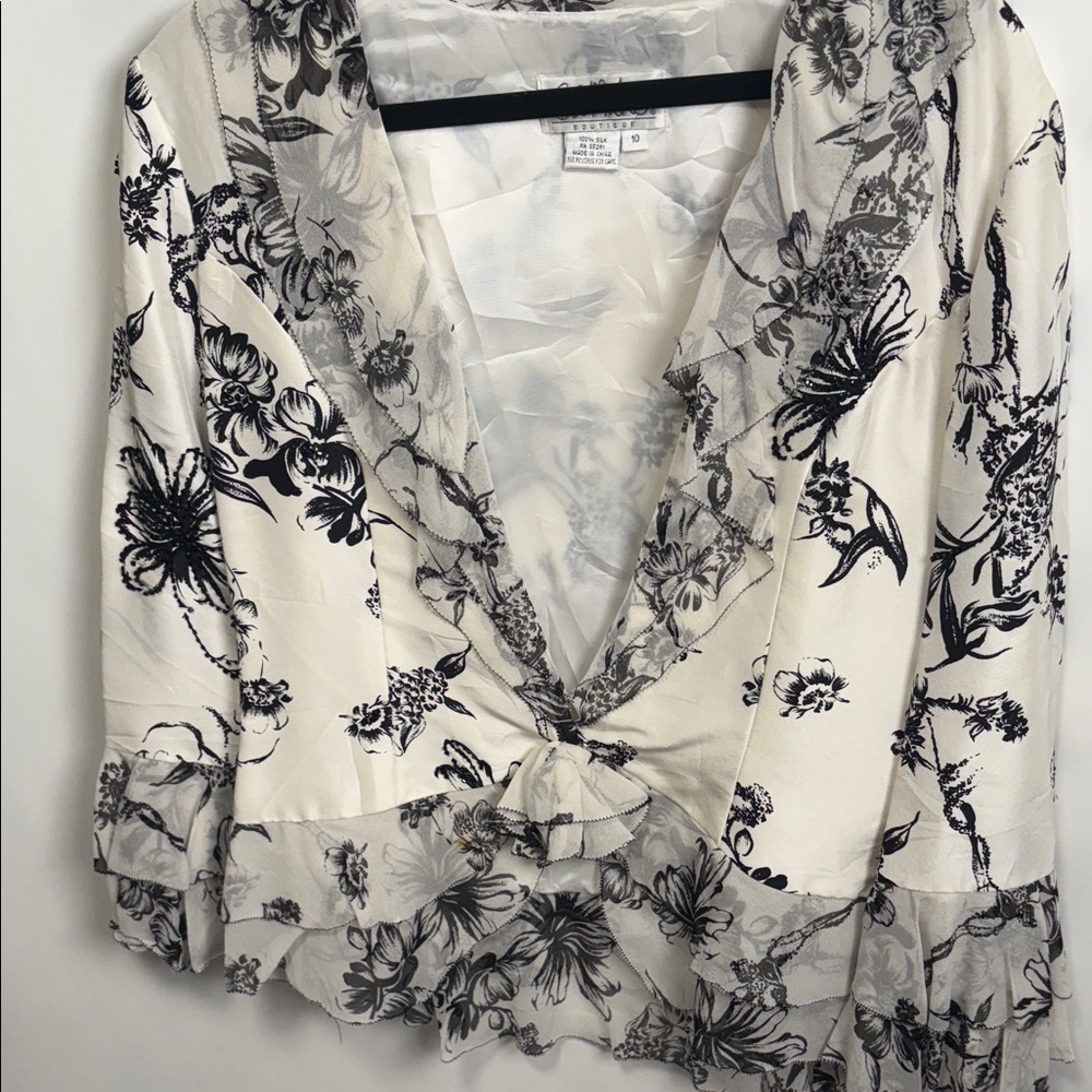 Bob Mackie Ivory and Black Floral SILK Blouse